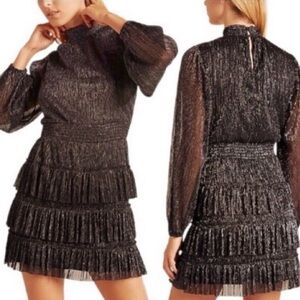 1. State Metallic Smocked Dress Mock Neck Tiered Ruffle Black Gold Women's Small